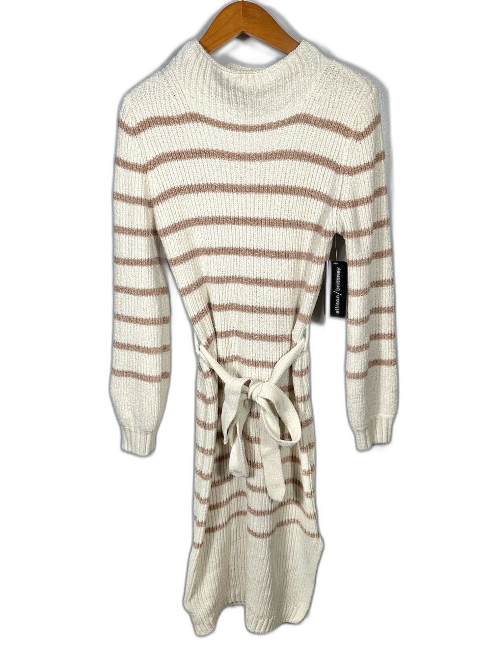 Allison Brittney Striped Belted Sweater Dress NWT Size Medium Cream Tan Cozy